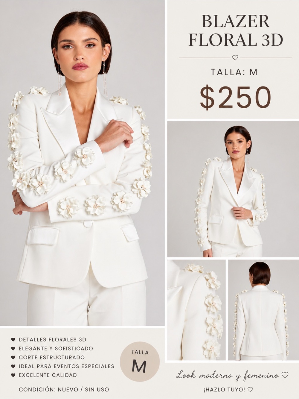 NADINE MERABI White 3D Floral Embellished Blazer